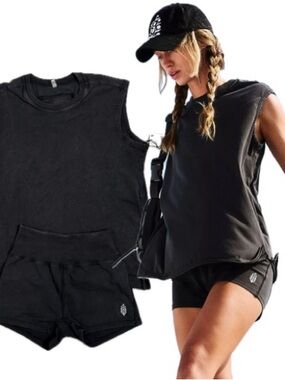 NWT Free People FP Movement Hot Shot Micro Set Size XS Black Muscle Tee & Shorts
